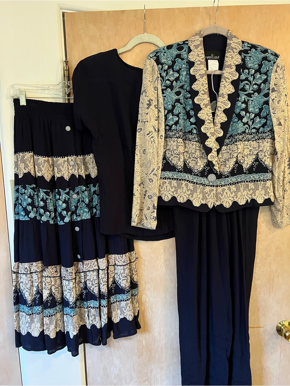 Vintage 4 pc Carole Little Petites Outfit. Navy Jacket, Top, Maxi Skirt & Pants